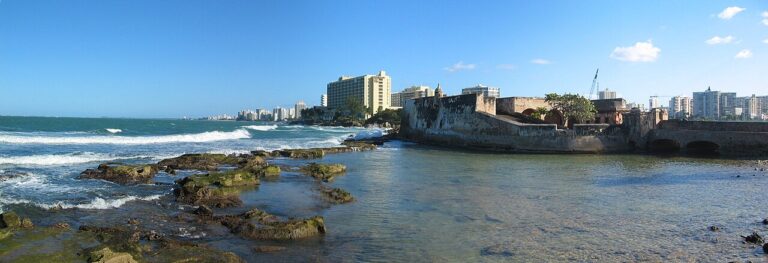 Panoramic view of the Condado beachfront in San Juan, Puerto Rico on a clear day
