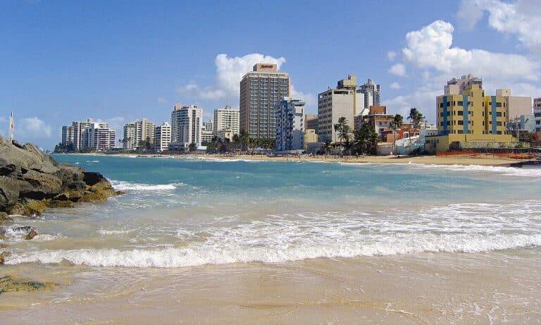 Palm trees and turquoise water along Condado Beach in San Juan, Puerto Rico
